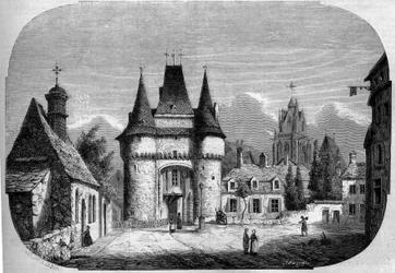 Építészet: a Saint Julien-kapu képe (1460-1483), a háttérben a gótikus Notre Dame des Marais templom (1450-1623) képe. La Ferte Bernard, Sarthe (72)