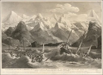 1786-os metszet a La Perouse-expedícióhoz tartozó két kis hajó hajótöréséről.
