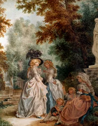 Sétáljon a parkban az Elegant Young Women egy pillanatra a kertben. Louis Trinquesse (1746-1800) akvarellje 18. század. Párizs, Musee Carnavalet