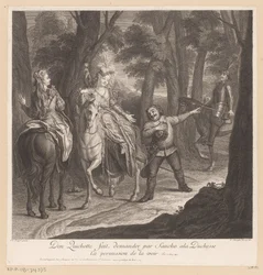 Don Quijote megkéri Sanchót, hogy kérjen engedélyt a hercegnőtől, hogy láthassa Don Quichotte fait demander par Sancho ala Duchesse ca permission de la voir (cím a tárgyon) A La Mancha-i Don Quijote története (sorozat címe)