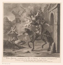 Don Quijote a Bolondság kíséretében elhagyja házát, hogy kóbor lovaggá váljon Don Quijote conduit par la Folie et embrasé de l