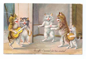 Edward-kori képeslap gitározó macskával, három másik macskával és egy kiscicával, kb. 1910