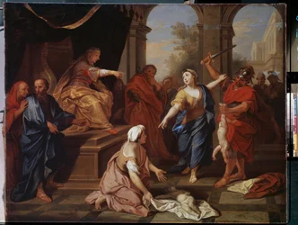""Salamon ítélete"" Két nő állítja, hogy ugyanannak a gyermeknek az anyja. Az ifjabb Louis de Boullogne (1654-1733) festménye 1710 Puskin Múzeum, Moszkva