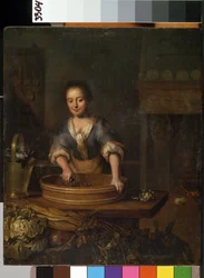 ""A szakács"" (A szakács) Fiatal szakács egy vidéki konyhában, káposztát készít. Louis de Moni (1698-1771) festménye Mikalojus Konstantinas Ciurlionis Szépművészeti Múzeum, Kaunas, Litvánia