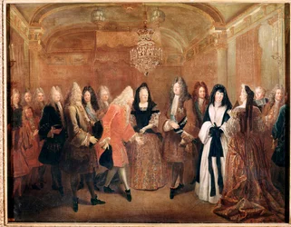 XIV. Lajos francia király fogadja I. Frigyes Augustus herceget Fontainebleau kastélyában (Festmény