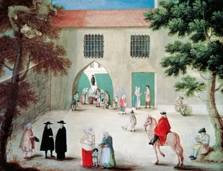 Szegények segítése a Port-Royal des Champes-i apátság előtt, Louise-Magdeleine Hortemels (1688-1767), gouache, Franciaország