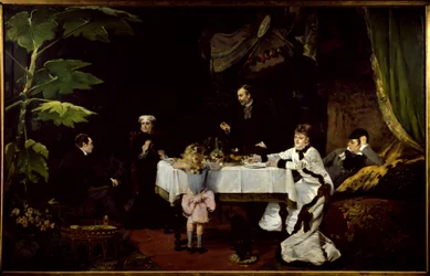 A reggeli az üvegházban Louise Abbema festménye (1858-1927) 1877 V. 1,94x3,08 m Pau, Szépművészeti Múzeum.