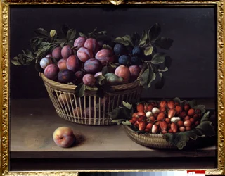 Egy őszibarack, eper és egy kosár gyümölcs Louise Moillon (1610-1696) festménye 17. századi Toulouse, Musee des Augustins