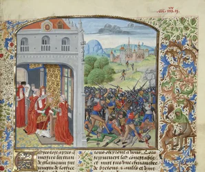 XI. Gergely pápa megkoronázása és a pontvallaini csata, 1370, 1470-1475 körül.