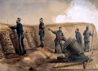 A Királyi Tüzérség 13 hüvelykes aknavetője működés közben, 1855 (wc ceruzával papíron)