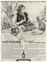 Colette a macskája előtt, a Perrier erényeit dicsőítve.