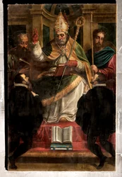 Genova, Dóm (Szent Lőrinc-székesegyház): "Szent Gotthard Szent Pál és Szent Jakab, valamint két térdelő bhakta között" (1571), Luca Cambiaso (Carlo Giuseppe Ratti újrafestményeivel)