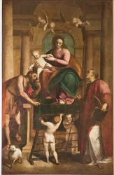 Genova, Dóm (Szent Lőrinc-székesegyház), belül, Keresztelőkápolna (korábbi Szent János-templom): "Madonna és gyermeke Keresztelő Szent János és Szent Lőrinc között", Luca Cambiaso, Olajfestmény a táblán