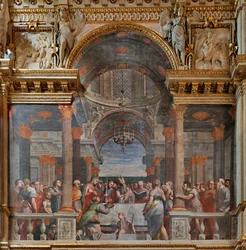 Genova, Dóm (Szent Lőrinc-székesegyház), belül, A Lercari-kápolna vagy az Oltáriszentség-kápolna (északi apszis), északi oldal: "A bemutató a templomban", Luca Cambiaso freskója