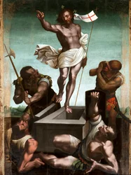 A feltámadás. Jézus Krisztus kereszt alakú botot tart, amelynek végén vörös kereszttel jelölt fehér zászló (lobogó) leng. 16. század, Taggia, Santuario della Madonna Miracolosa