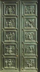 Olaszország, Firenze, Santa Maria del Fiore templom, A misék sekrestyéjének ajtaja, Luca della Robbia (1400-1482 körül) (UNESCO Világörökség)