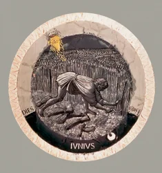 Június: egy paraszt aratja a búzát. Luca della Robbia terrakotta