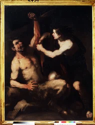 ""Apollo és Marsyas"" Apolló, miután megnyerte a Marsyas elleni kihívást, megnyúzta, majd egy barlangba dobta. Luca Giordano (1632-1705) festménye 1650 körül. Modorosság. Puskin Múzeum, Moszkva