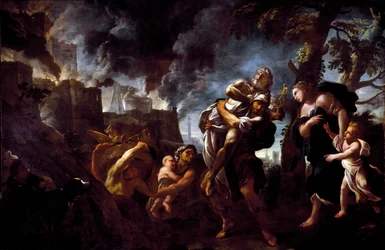 Aeneas elmenekül Trójából. Aeneas Anchisest viszi, és elmenekül az akhájok kezére került városból. 1675-1680. Genova, Galleria Nazionale di Palazzo Spinola