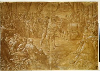 "A szicíliai bokszoló (pugilat) ellenfele Dares de Troy-nak", 1544 körül (tusrajz)