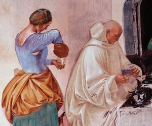 Benedek elmondta a szerzeteseknek, hol és mikor étkeztek a kolostoron kívül Luca Signorelli (kb. 1445-1523) kolostori freskója Nursiai Szent Benedek (480-567), a Bencés Rend 1497-1498-as apátság alapítója életét meséli el. Monte Ol