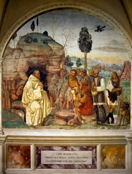 Benedek pápa szent tanítást tanít a parasztoknak, a Monte Oliveto Maggiore-i Szent Benedek történeteiből