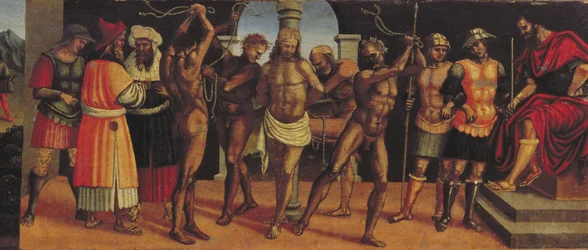A zászlózás, a predella tábla részlete a Szentháromság oltárképéről Madonnával és gyermekével és SS-szel. Ágoston és Anasztáz panel