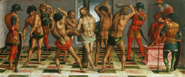 Krisztus megkorbácsolása Siralom a halott Krisztus felett, Predella panel, 1502.