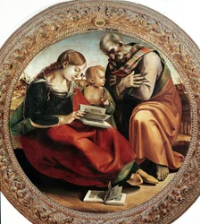 A Szent Család. Luca Signorelli (1450-1523) festménye, körülbelül 1495. Tondo. Átmérő: 124 cm. Firenze, Galleria degli Uffizi (Uffizi Képtár)