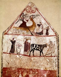 Egy bikát az áldozati oltárhoz vezetnek. Kr. e. 4. századi lucaniai freskó a paestumi Andriuolo nekropoliszából, Olaszország. Museo Nazionale Archeologico, Paestum