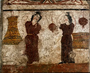 Táncosok csoportja egy temetési szertartás során. Lucaniai freskó a Kr. e. 4. századból, a paestumi nekropoliszból, Olaszország. Museo Nazionale Archeologico, Paestum