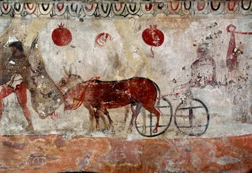 Egy csordapásztor és két szamár. Kr. e. 4. századi lucaniai freskó Paestum nekropoliszából, Olaszország. Museo Nazionale Archeologico, Paestum