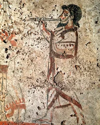 Fuvolázó zenész. Lucaniai freskó a Kr. e. 4. századból, a paestumi nekropoliszból, Olaszország. Museo Nazionale Archeologico, Paestum