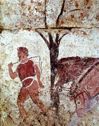 Két lovat vezető paraszt. Kr. e. 4. századi lucaniai freskó az olaszországi Paestum nekropoliszából. Museo Nazionale Archeologico, Paestum