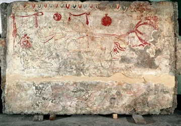 Lucaniai freskó egy quadrigáról a Kr. e. 4. századból, az itáliai paestumi nekropoliszból. Museo Nazionale Archeologico, Paestum