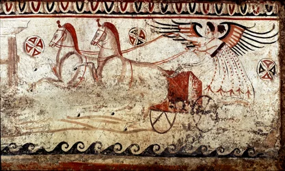 Victoria kétlovas harci szekéren. Lucaniai freskó a Kr. e. 4. századból, a paestumi nekropoliszból, Olaszország. Museo Nazionale Archeologico, Paestum