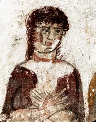 Női portré. Kr. e. 4. századi lucaniai freskó a Lovas sírjából, Paestum régészeti lelőhelyéről, Olaszország. Museo Archeologico Nazionale, Paestum
