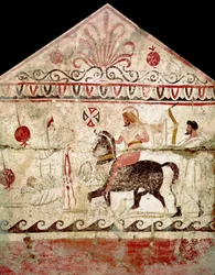 A győztes harcos visszatérése. Lucaniai freskó a Kr. e. 4. századból, a paestumi Andriuolo-nekropolisz 86. sírjából, Olaszország. Museo Nazionale Archeologico, Paestum