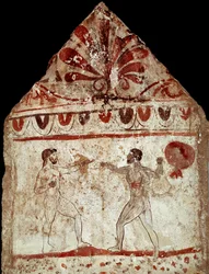 Két ökölvívó atléta. Kr. e. 4. századi lucaniai freskó Paestum nekropoliszából, Olaszország. Museo Archeologico Nazionale, Paestum