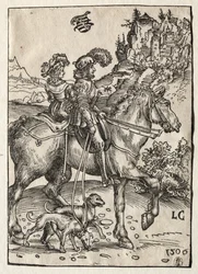 Egy úriember és egy hölgy lovagol a hajszában, 1506.