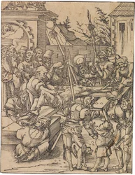 Szent Bertalan mártíromsága. A tizenkét apostol mártíromsága című sorozatból c. 1520.
