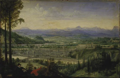 Linz látképe művész rajzával az előtérben, 1593.