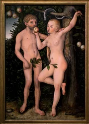 Ádám és Éva. Lucas Cranach, az idősebb (1472-1553) festménye, 1538 körül. Flamand művészet, 16. század. Nemzeti Galéria, Sternberg-palota, Prága (Cseh Köztársaság).