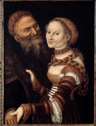 Lucas Cranach udvarhölgye és öregember festménye (1472 - 1553). 16. század. Musee des Beaux-Arts de Besancon.