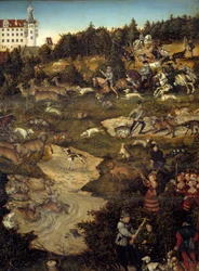 Vadászat V. Károly tiszteletére a Torgau-kastélyban (Németország). Részlet. Lucas Cranach festménye (1472-1553)