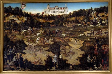 Vadászat V. Károly tiszteletére a Torgau-kastélyban (Németország). Idősebb Lucas Cranach (1472-1553) festménye