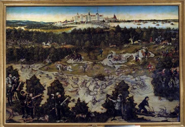 Vadászat V. Károly tiszteletére a németországi Torgau kastélyban Idősebb Lucas Cranach (1472-1553) festménye 1544. Madrid. Musee Du Prado – Vadászat V. Károly tiszteletére a németországi Torgau kastélyban. Idősebb Lucas Cranach (1472-1553) festménye 1544. 