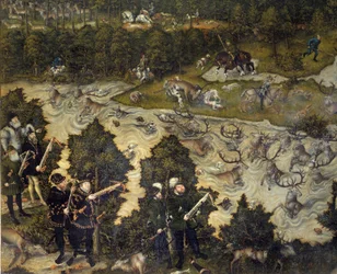 Vadászat V. Károly tiszteletére a németországi Torgau kastélyban A császár valószínűleg a baloldali képviselő. Részlet. Idősebb Lucas Cranach (1472-1553) festménye. 16. század. Madrid. Prado Múzeum