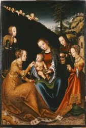 Alexandriai Szent Katalin misztikus házassága Szent Dorottyával, Szent Margittal és Szent Borbálával - Alexandriai Szent Katalin misztikus házassága Szent Dorottyával, Margittal és Barbarával, Cranach, Lucas, az idősebb (1472-1553). olaj rá