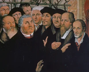 Martin Luther a protestáns reformáció képviselőivel, jobbra Melanchthon, középen Rotterdami Erasmus, részlet Lázár feltámasztásából, Lucas Cranach, az idősebb festménye (1472-1553)